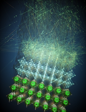 Artistic representation of halide perovskite structures, an emerging material for electronics and for photonics, as they morph into a neural network.